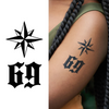 Old School Compass & Gothic Numerals 69 Temporary Tattoo, Waterproof, Vegan Ink, Lasts Up to 15 Days